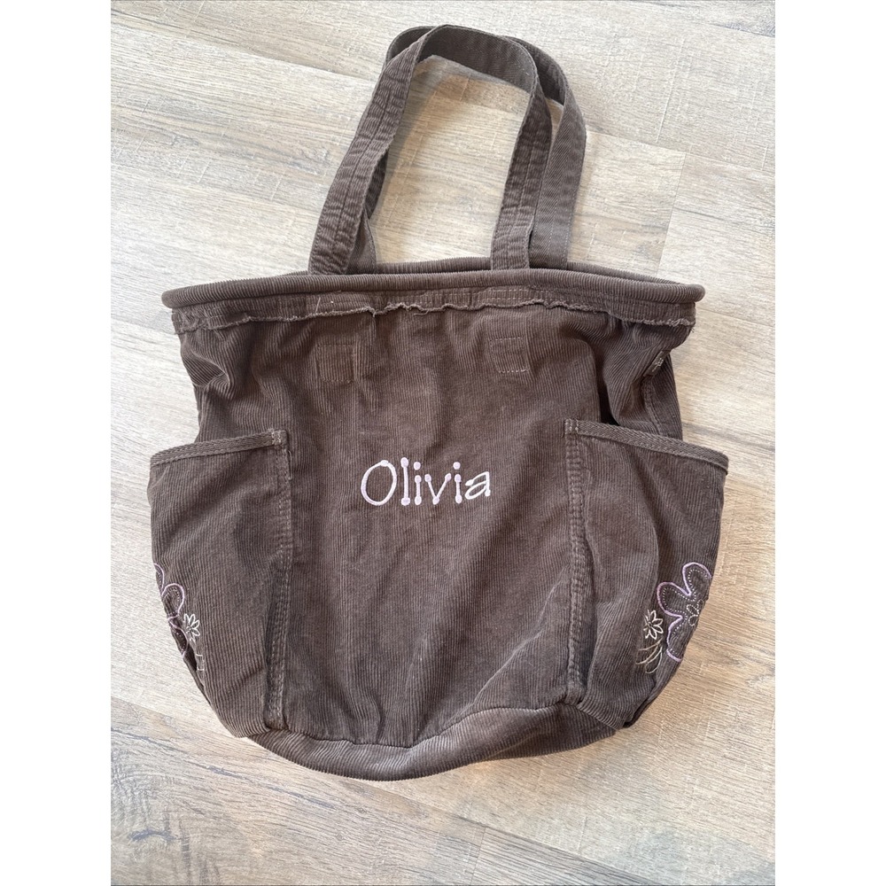 Womens Thirty-One Brown Retro Metro Brown Corduroy Embroidered Tote Bag 'Olivia'